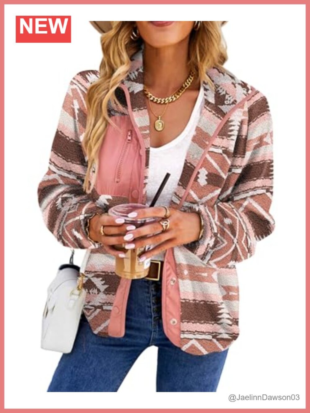 Womens Fleece Aztec Print Snap Button Jacket Stand Collar Relaxed Fit Warm